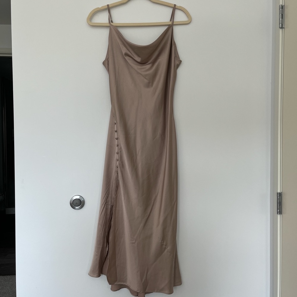 Dress Forum taupe/purple satin slip dress. Size S.